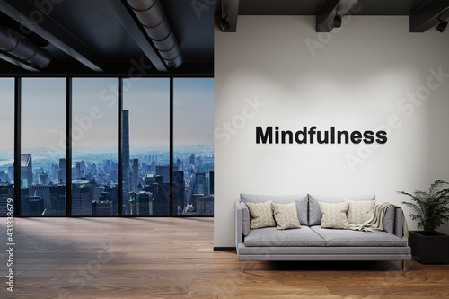 modern luxury loft with skyline view and vintage couch, wall with mindfulness lettering, 3D Illustration photo