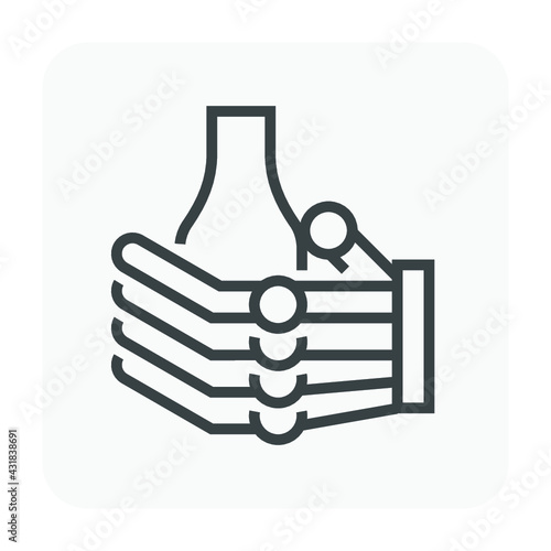 Robot hand grabbing glass bottle vector icon. May called automated machine, industrial equipment or technology for manufacturing production. Concept for robotic, engineering, industry. 64x64 pixel.
