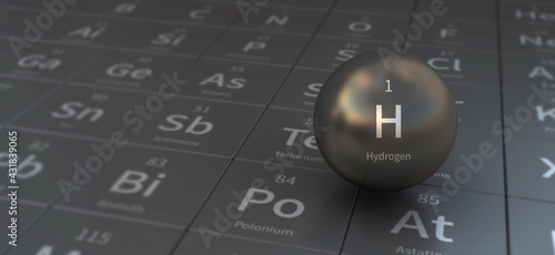 hydrogen element in spherical form. 3d illustration on the periodic table of the elements.
