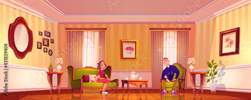 Happy couple in living room in classic victorian style. Man and woman relax at home. Vector cartoon illustration of wife and husband in vintage lounge interior with couch, chair and table with tea