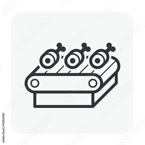 Animal meat in production line vector icon. Process in factory plant for manufacturing or production by machine equipment, automation technology. Food processing industry to making product.
