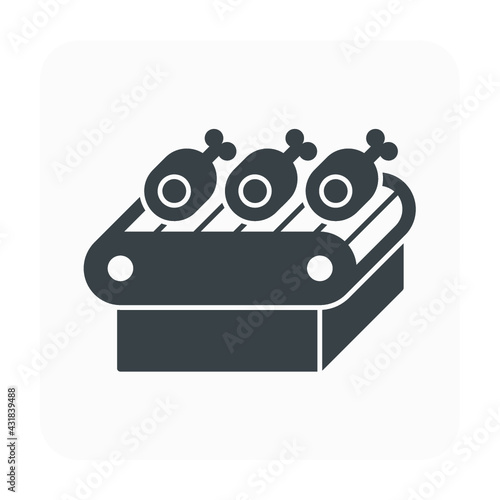 Animal meat in production line vector icon. Process in factory plant for manufacturing or production by machine equipment, automation technology. Food processing industry to making product.
