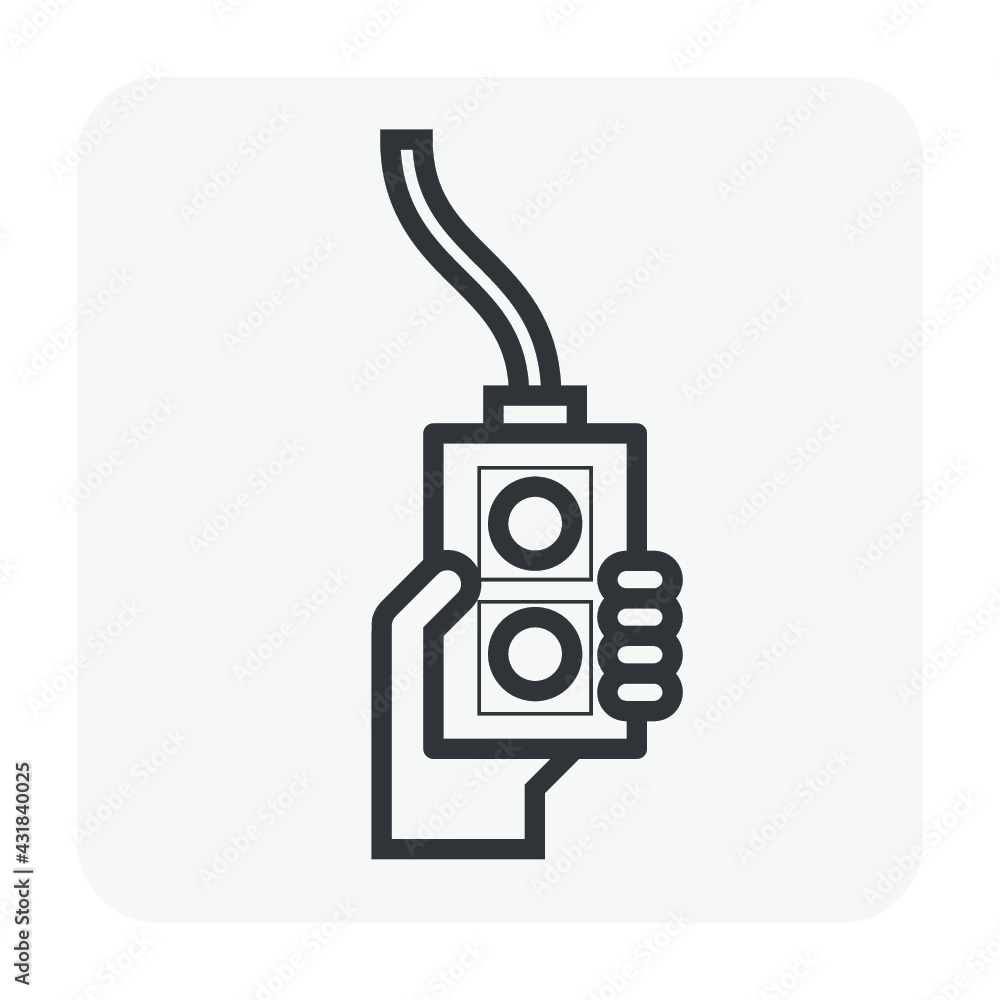Remote control vector icon. Include hand of operator, button, cable ...