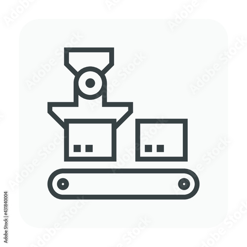 Robot, production line vector icon. Consist of robot hand, arm, product, box packaging, conveyor belt and machine. Automation engineering technology for industry i.e. assembly, manufacturing, process.