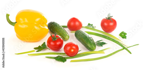 Fototapeta Naklejka Na Ścianę i Meble -  cucumbers, peppers, tomatoes and green onions isolated on white background