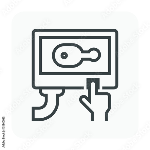 Food processing vector icon. Meat process to warm, reheat in oven. To making product by automation machine equipment, food process industry, thin line and editable stroke.
