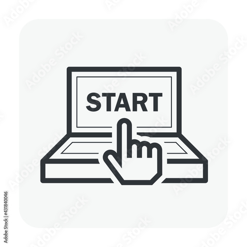 Hand of commander to press start button on computer screen vector icon design. Concept for start operating system, kick off business, start automation machine. 
