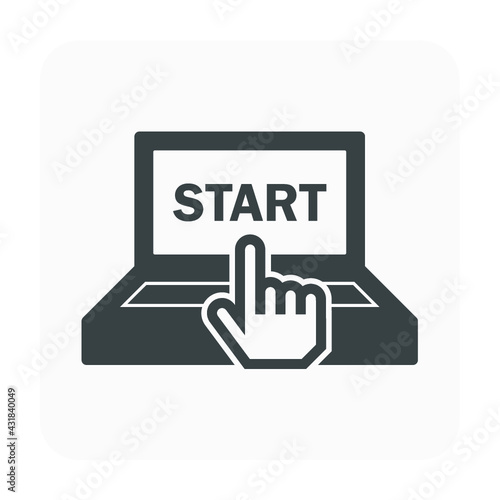 Hand of commander to press start button on computer screen vector icon design. Concept for start operating system, kick off business, start automation machine. 
