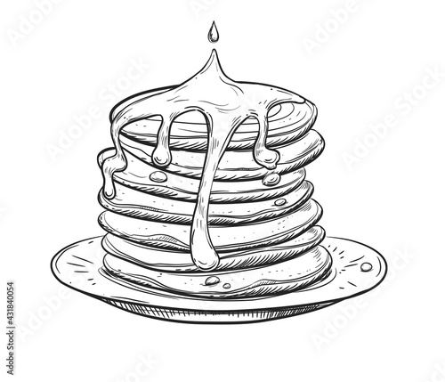 Hand drawn sketch black and white of pancake. Vector illustration. Elements in graphic style label, card, sticker, menu, package. Engraved style.
