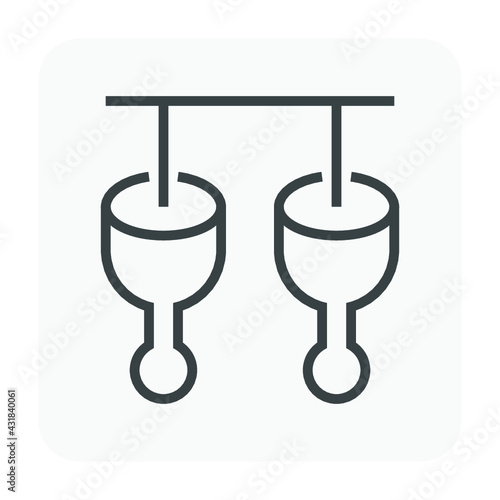 Row of animal meat hanging in production line vector icon. Process in factory plant for manufacturing, production by machine, automation technology. Food processing industry, editable stroke.