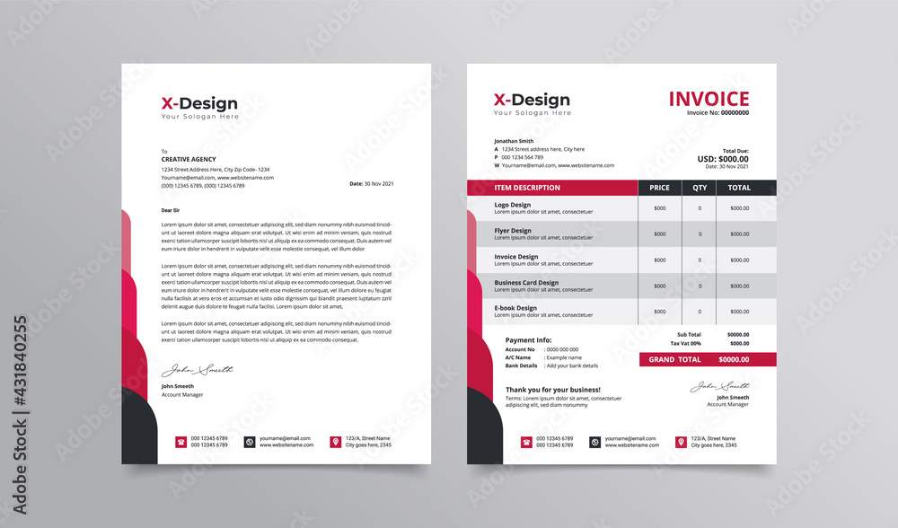 Corporate business branding identity or stationery design with letterhead and invoice template