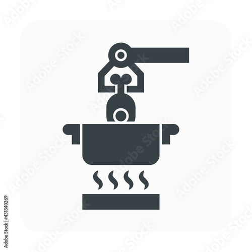 Food industry processing vector icon consist of robotic hand or machine equipment, meat or fresh food to pick up, cooking in factory plant. Automation technology and manufacturing.