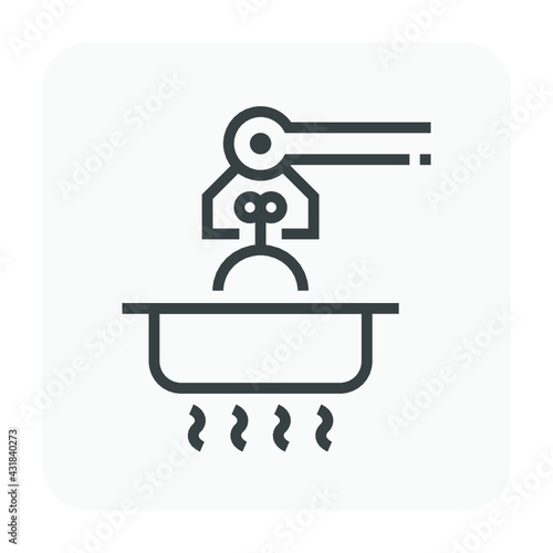 Food industry processing vector icon consist of robotic hand or machine equipment, meat or fresh food to pick up, cooking in factory plant. Automation technology and manufacturing. Editable stroke.