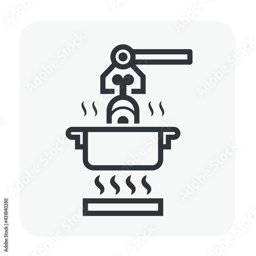 Food industry processing vector icon consist of robotic hand or machine equipment, meat or fresh food to pick up, cooking in factory plant. Automation technology and manufacturing.