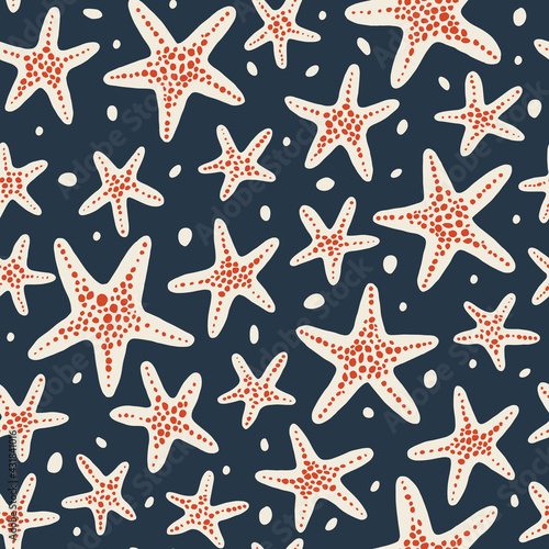 Hand-Drawn Doodle Sea Starfish Vector Seamless Pattern. Summer Beach Seaside Print. Ocean Fashion Textile Blue, Red and Cream Background. Seashore Elements Texture for Fabrics, Wallpapers