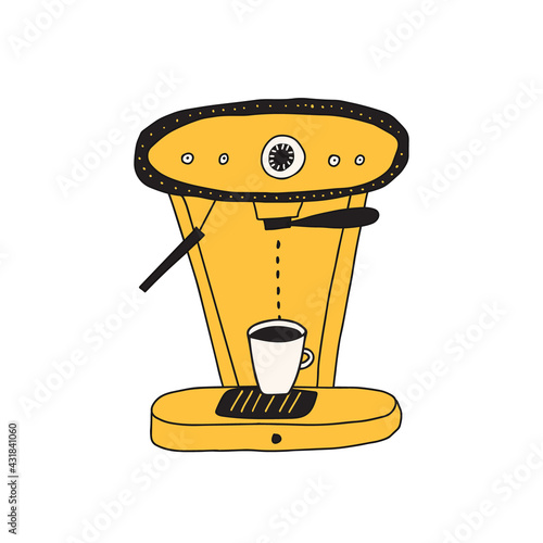 Hand drawn doodle vector illustration of home appliance espresso coffee machine with milk frother. Isolated on white background.