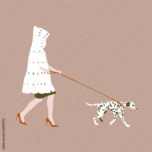 Hooded woman with dalmatian dog walking, fashion winter illustration, cruella