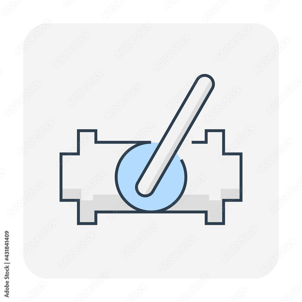 Valve and steel pipe vector icon. Equipment for shut off or control water, oil and natural gas in pipeline and pump system of tap, plumbing, heating and chemicals in factory and industrial plant. Valve and steel pipe vector icon. Equipment for shut off or control water, oil and natural gas in pipeline and pump system of tap, plumbing, heating and chemicals in factory and industrial plant.