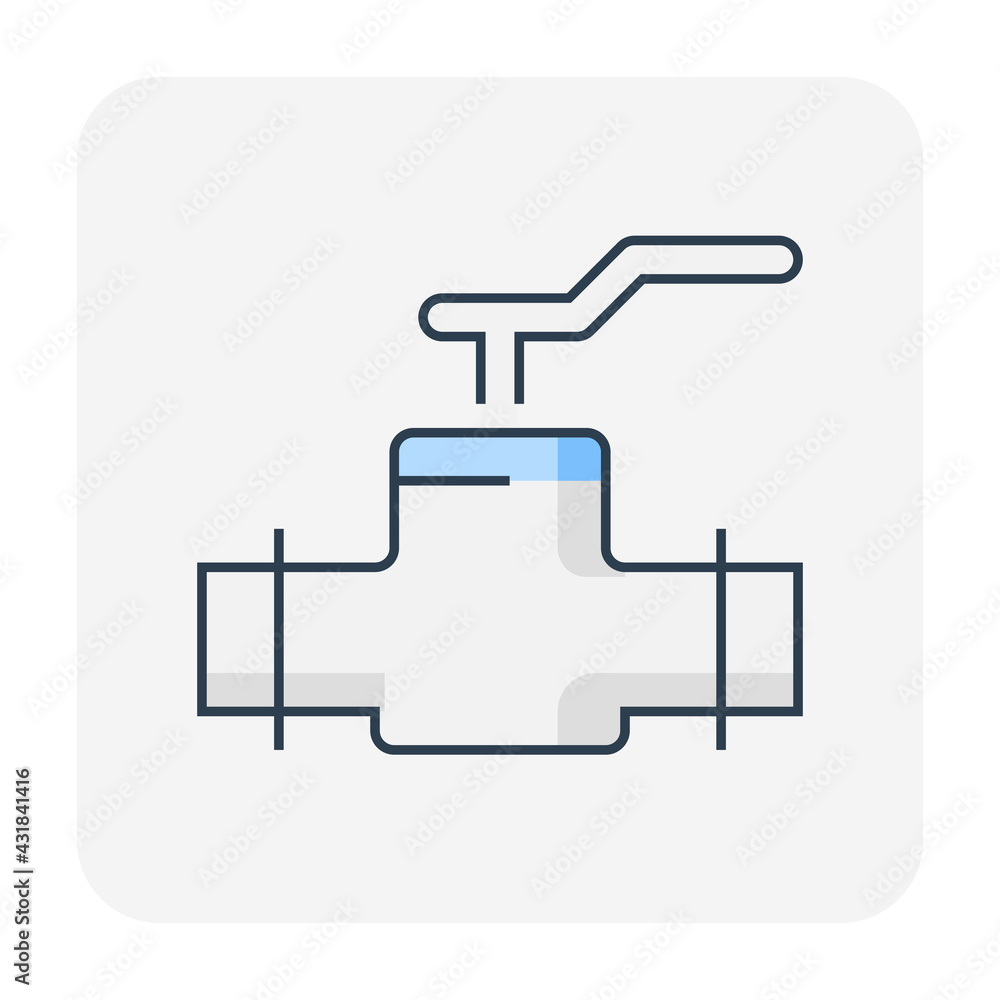 Valve and steel pipe vector icon. Equipment for shut off or control water, oil and natural gas in pipeline and pump system of tap, plumbing, heating and chemicals in factory and industrial plant. Valve and steel pipe vector icon. Equipment for shut off or control water, oil and natural gas in pipeline and pump system of tap, plumbing, heating and chemicals in factory and industrial plant.