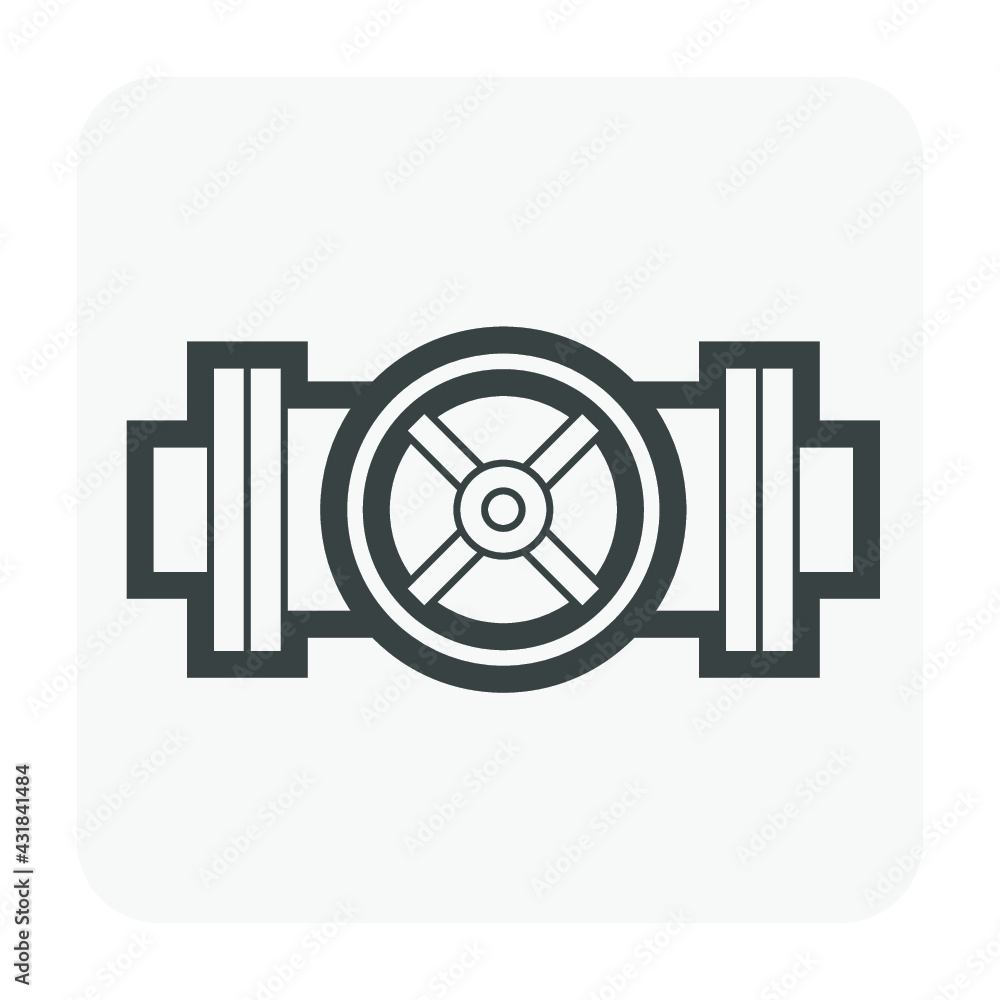 Valve and steel pipe vector icon. Equipment for shut off or control water, oil and natural gas in pipeline and pump system of tap, plumbing, heating and chemicals in factory and industrial plant.