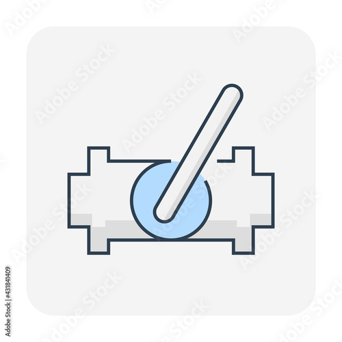 Valve and steel pipe vector icon. Equipment for shut off or control water, oil and natural gas in pipeline and pump system of tap, plumbing, heating and chemicals in factory and industrial plant.