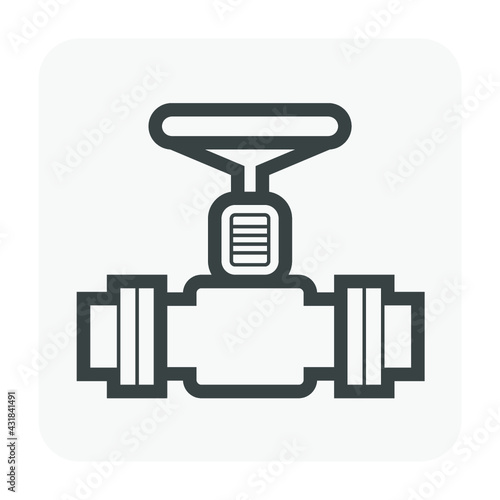 Valve and steel pipe vector icon. Equipment for shut off or control water, oil and natural gas in pipeline and pump system of tap, plumbing, heating and chemicals in factory and industrial plant.