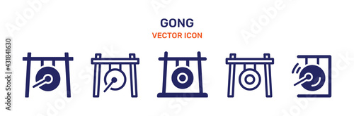 Gong asian musical percussion instrument with stick icon set.