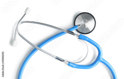 Modern stethoscope on white...