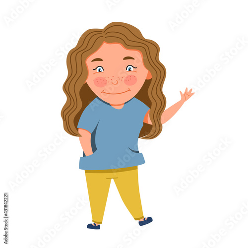 A light-skinned blonde girl waves her hand.