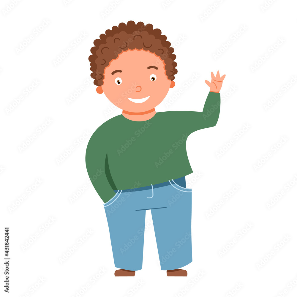 A light-skinned, blond, curly-haired boy waves. Vector illustration A light-skinned, blond, curly-haired boy waves. Vector illustration
