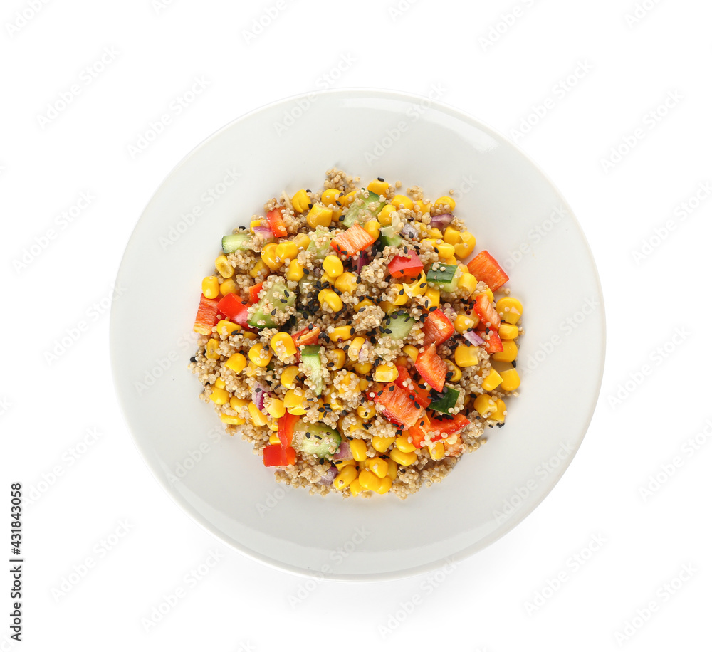 Plate with tasty quinoa salad on white background Plate with tasty quinoa salad on white background