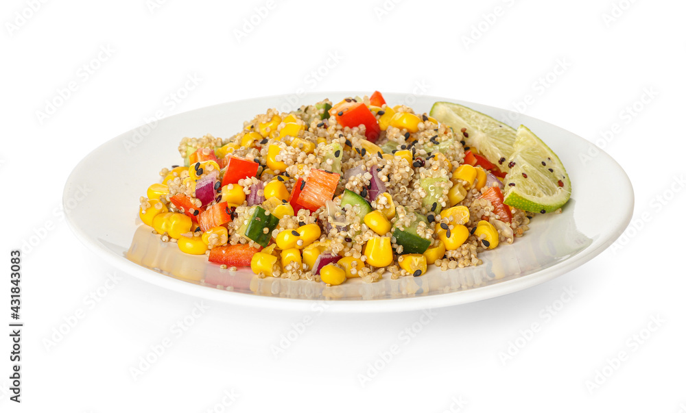 Plate with tasty quinoa salad on white background Plate with tasty quinoa salad on white background