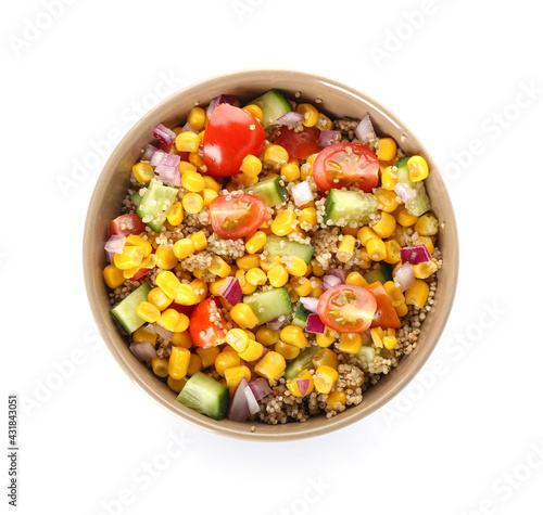 Bowl with tasty quinoa salad on white background