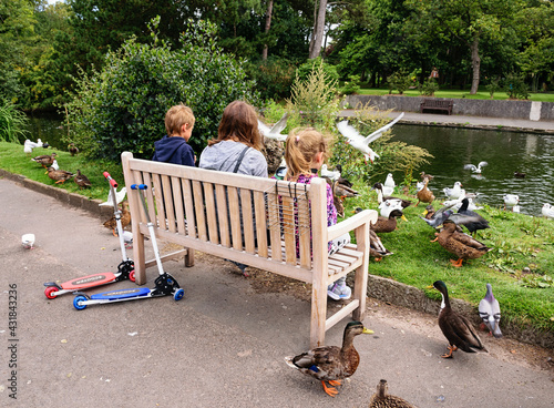 Woman with kids and a lot of ducks around.