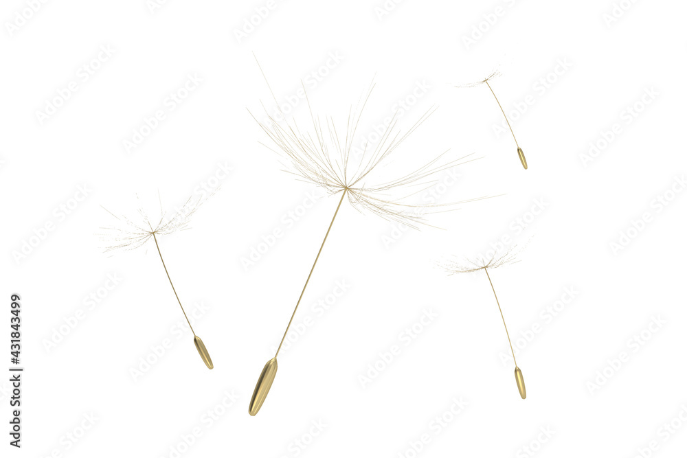 Gold Dandelion on white background. 3D rendering. 3D illustration.