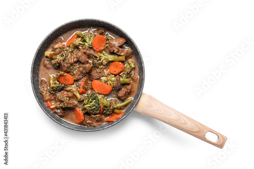 Tasty beef stroganoff with vegetables on white background