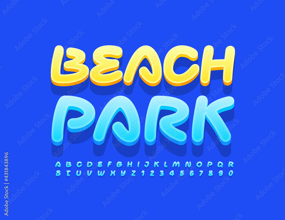 Vector bright emblem Beach Park. Blue Artistic Font. Creative Alphabet Letters and Numbers set Vector bright emblem Beach Park. Blue Artistic Font. Creative Alphabet Letters and Numbers set