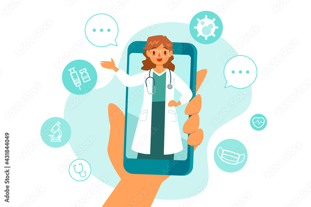 female doctor on smart phone screen giving online consultation female doctor on smart phone screen giving online consultation