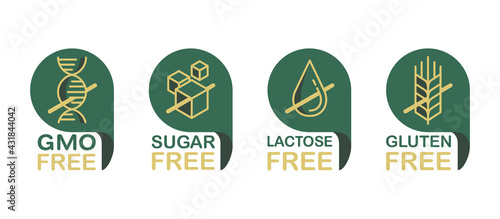 Lactose, Sugar free, Gluten, GMO free icons set