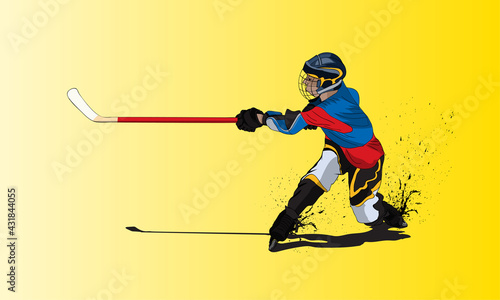 Ice hockey player on roller skates with a hockey stick gloves and helmet.
