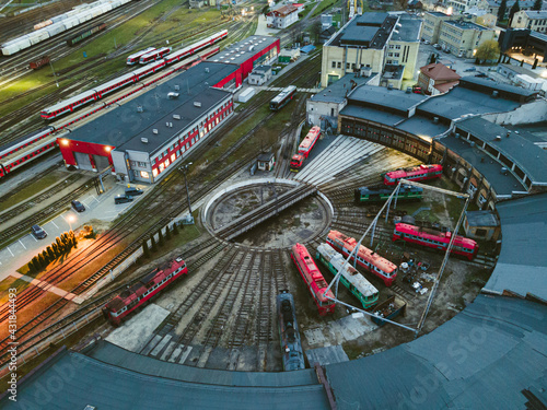 Obraz na plátne Locomotives garage - service station - train junkyard or scrapyard of old soviet diesel locomotives at Vilnius railway station from above