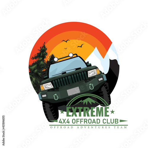 Off-road car or expedition offroader with mountain and forest nature background for round or circle label badge. Vector illustration.