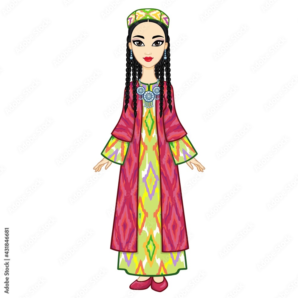 Asian beauty. Animation portrait of a beautiful girl in ancient national clothes and jewelry. Central Asia. Full growth. Vector illustration isolated. White background. 