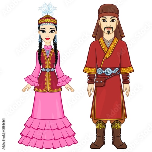 Animation portrait of Asian family in a national hat and clothes. Full growth. Central Asia. Vector illustration isolated on a white background.