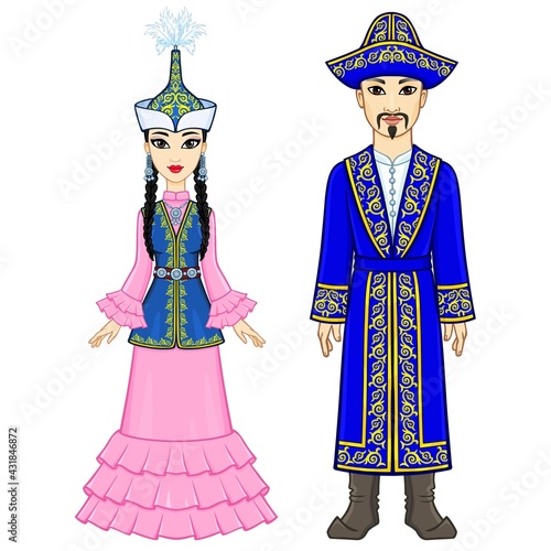 Animation  portrait of  Asian family in a national hat and clothes. Full growth. Central Asia. Vector illustration isolated on a white background.