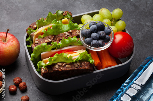 Photography Healthy school lunch box with sandwich and fresh vegetables