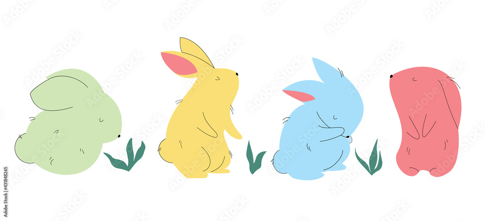 Set of different colorful cute bunnies. A hand-drawn hare on a white isolated background. Children's T-shirt print design. Vector flat illustration. All elements are isolated.
