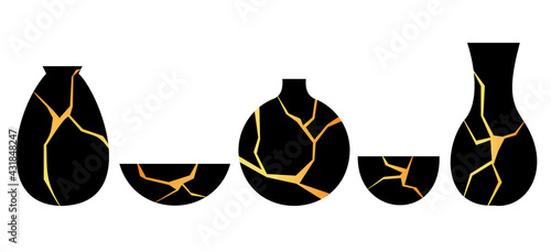 Set of golden vector illustration of Kintsugi. Black Japanese vintage vase in flat style. Restoration of old dishes. Marble pattern. A stylish element of your design. All objects are isolated.