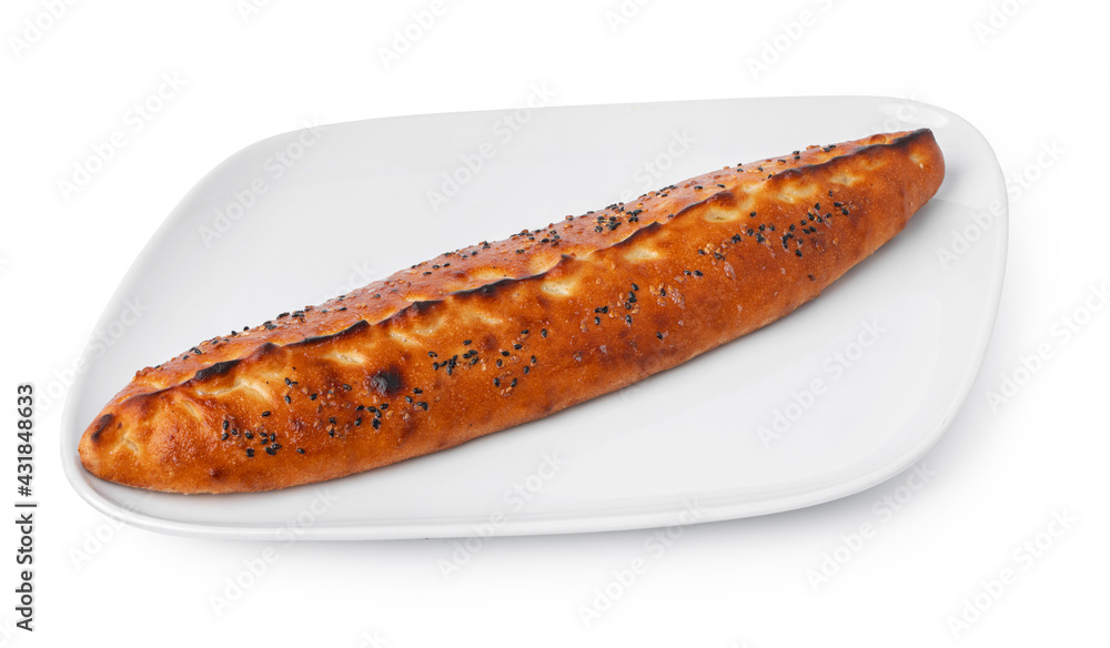 Turkish boat-shaped flatbread pide isolated on white Turkish boat-shaped flatbread pide isolated on white