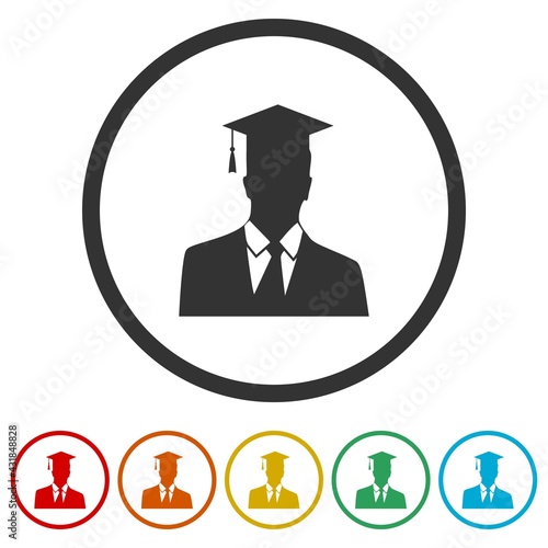 Male graduate student ring icon isolated on white background color set